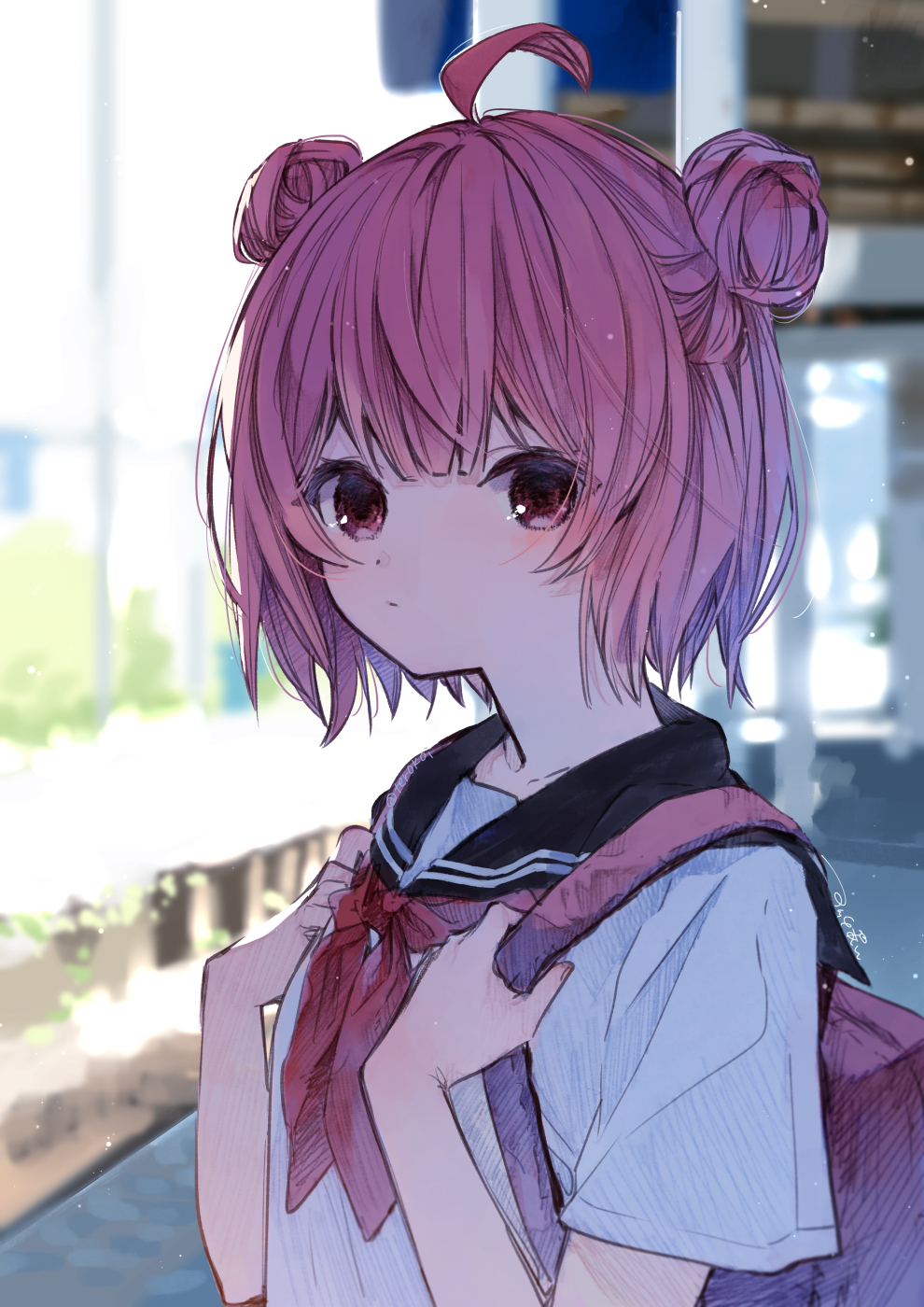 1girl, acchi_ai, ahoge, backpack, bag, black_sailor_collar, closed_mouth, commentary_request, double_bun, hair_bun, highres, looking_at_viewer, neckerchief, outdoors, pink_eyes, pink_hair, red_neckerchief, sailor_collar, school_uniform, serafuku, shirt, short_sleeves, solo, virtual_youtuber, vspo!, white_shirt, yumeno_akari