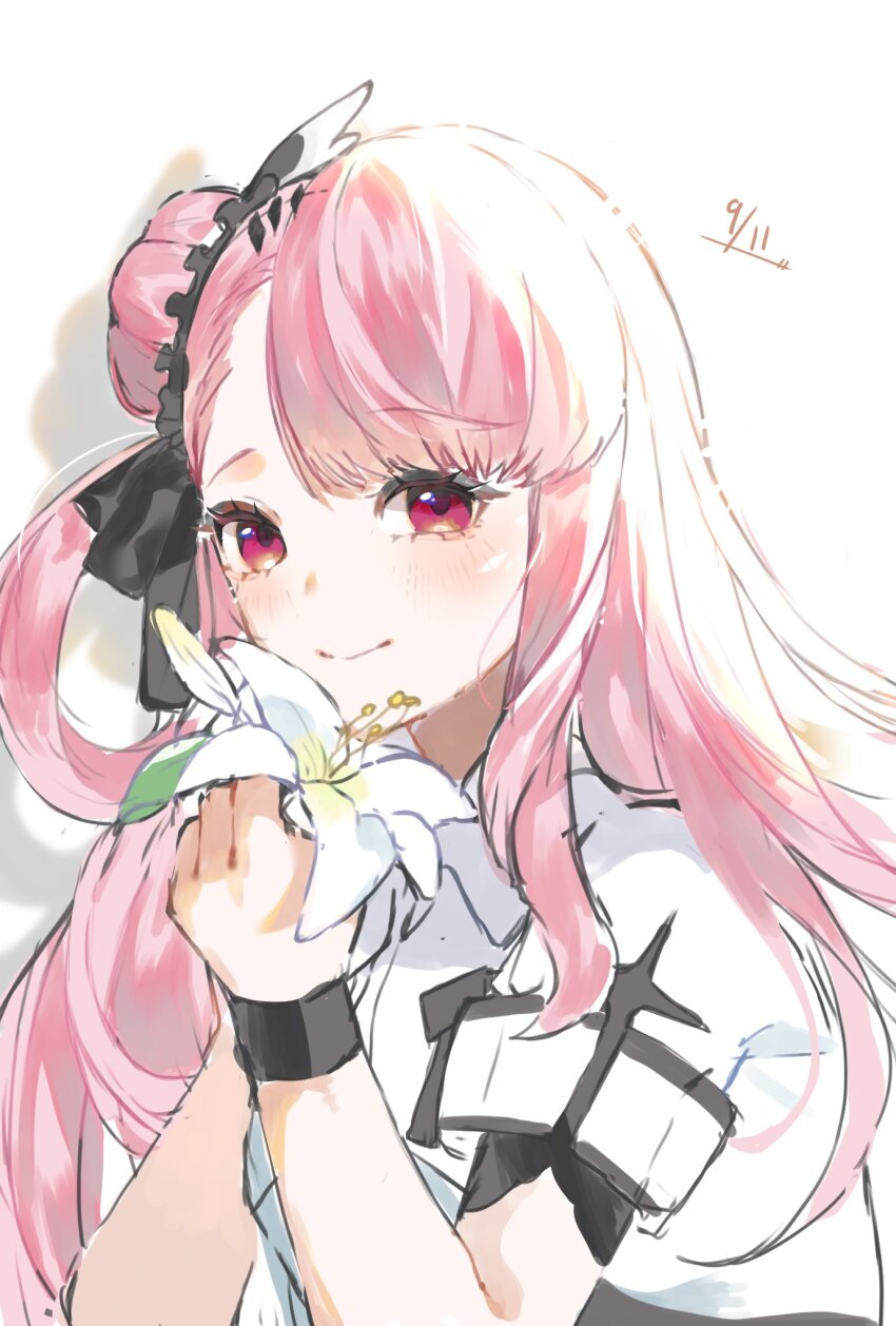 1girl, aramine_ishu, closed_mouth, flahmm8hrd6447, flower, hair_bun, hair_ornament, highres