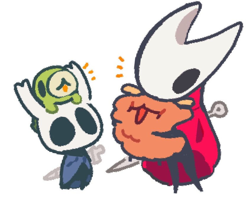 1girl, 1other, ache13337003, black_skin, blue_cloak, chibi, cloak, colored_skin