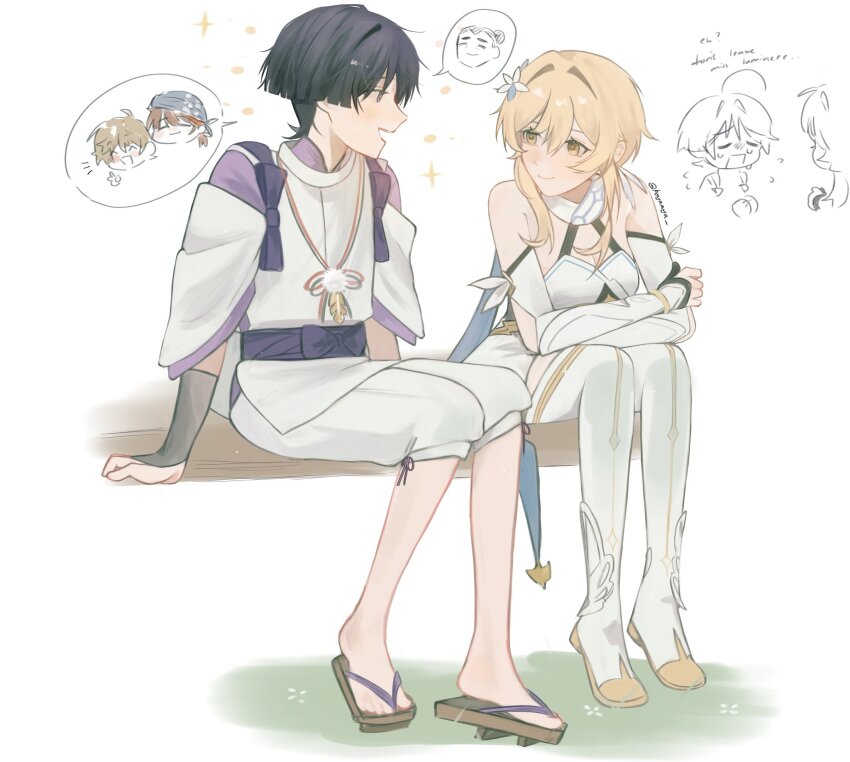 1boy, 1girl, ahoge, arm_cutout, arm_on_thigh, armpit_crease, bare_shoulders, black_hair