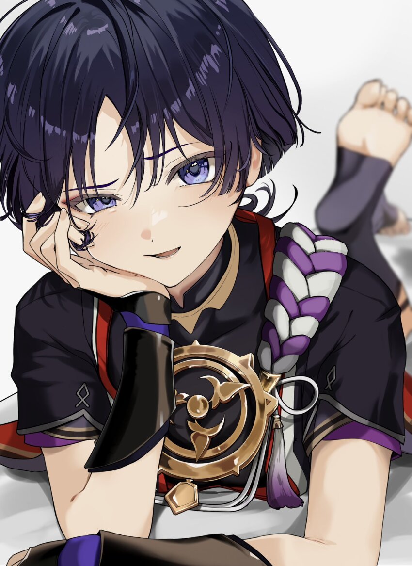 1boy, arm_rest, armor, asymmetrical_legwear, black_bodysuit, black_hair, black_sleeves, black_trim