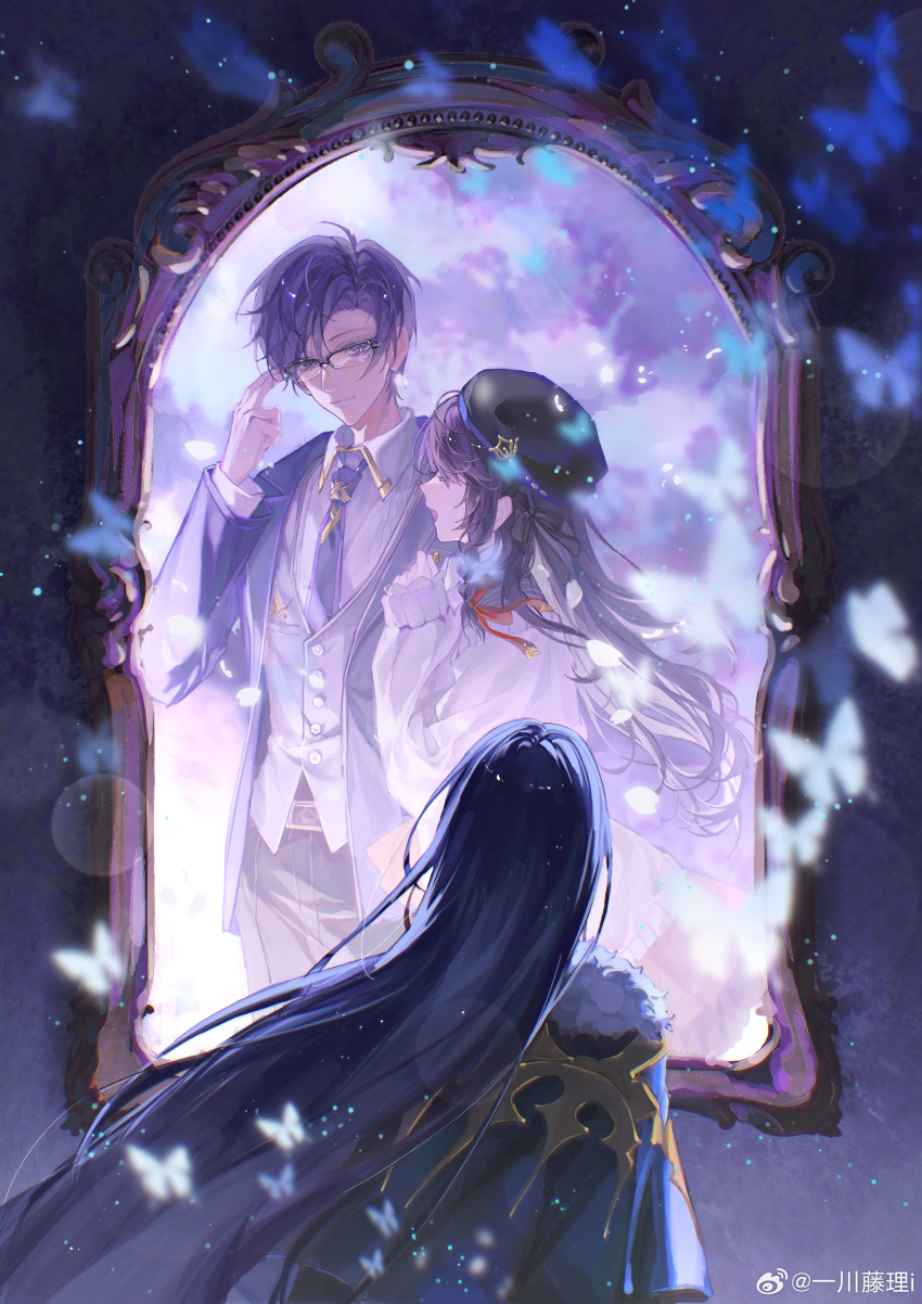 1girl, 2boys, :d, ^_^, absurdres, adjusting_eyewear, beret, black_cape