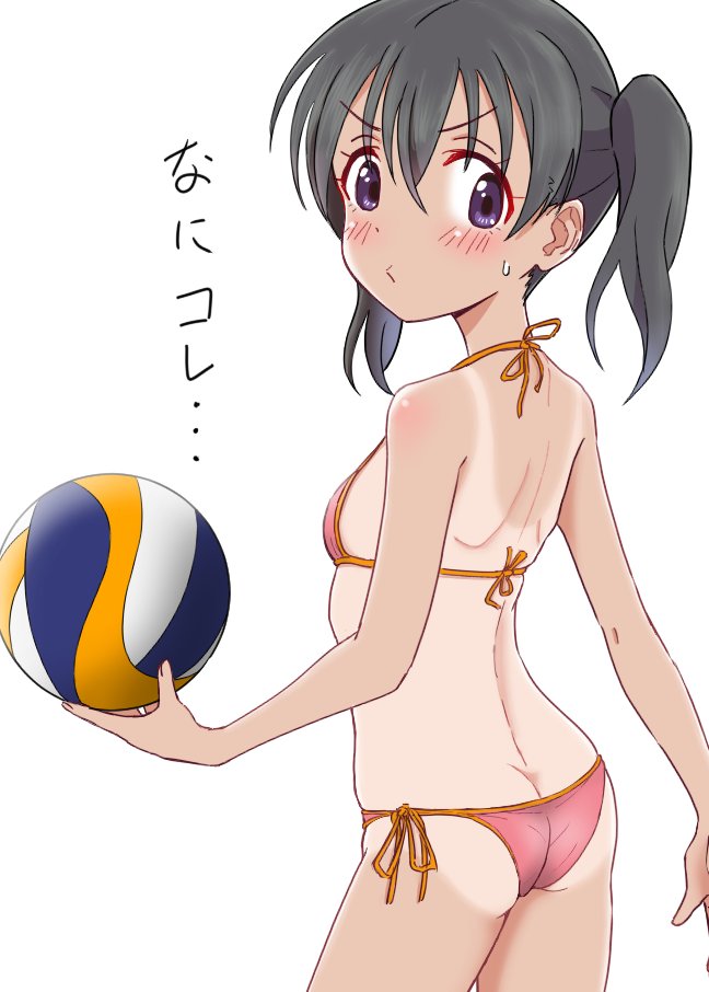 1girl, ass, back, ball, bare_arms, bare_shoulders, beachball, bikini