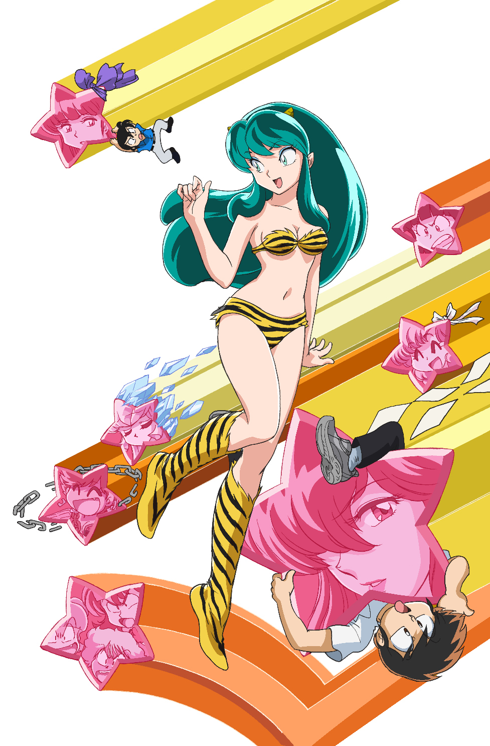 1girl, 2boys, animal_print, benten_(urusei_yatsura), bikini, black_pants, black_shoes, blue_eyeshadow, blue_shirt, bow, breasts, chain, chibi, cleavage, commentary, cone_horns, dokite_tsukasa, dress_shirt, eyeshadow, ginger_(urusei_yatsura), green_eyes, green_hair, grey_pants, grey_shoes, highres, horns, ice, kneehighs, long_hair, long_sidelocks, makeup, medium_breasts, mendou_ryouko, mendou_shuutarou, miyake_shinobu, moroboshi_ataru, multiple_boys, navel, official_art, oni, open_mouth, oyuki_(urusei_yatsura), pants, pepper_(urusei_yatsura), pointy_ears, print_bikini, print_socks, purple_bow, ran_(urusei_yatsura), sakura_(urusei_yatsura), shide, shirt, shoes, shooting_star, sidelocks, sky, socks, star_(sky), starry_sky, sugar_(urusei_yatsura), swimsuit, thighs, tiger_print, urusei_yatsura, white_background, white_bow, white_shirt, white_socks