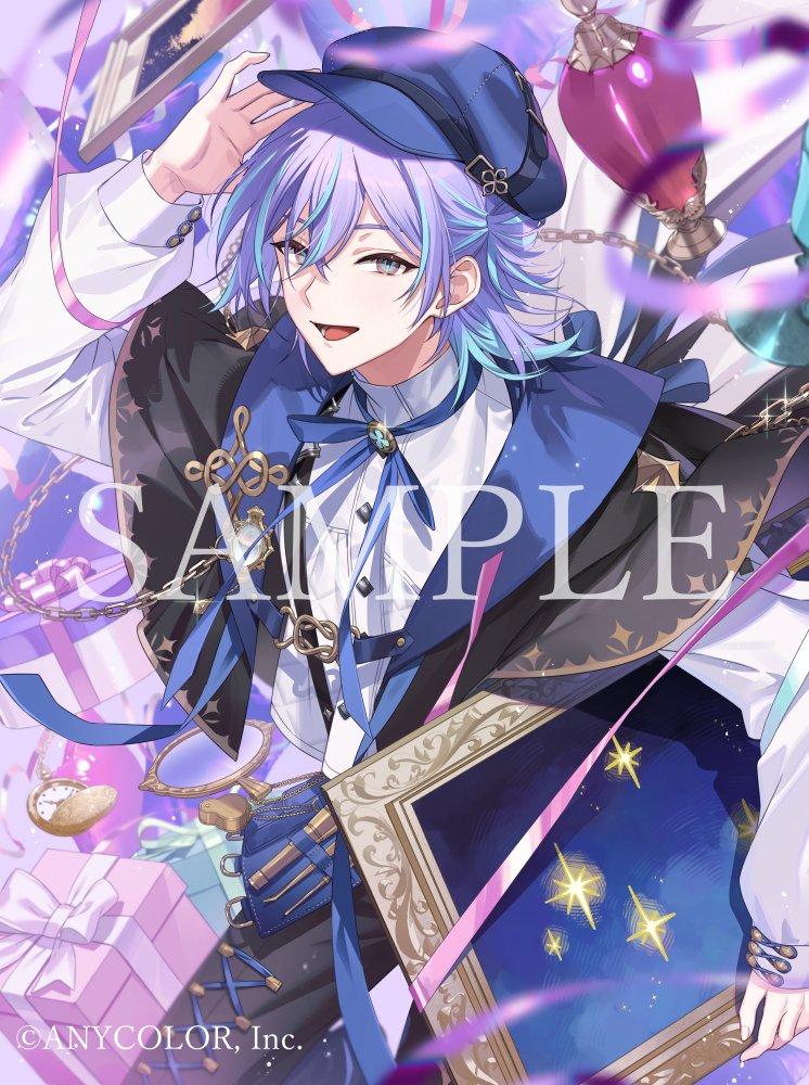 1boy, :d, black_pants, blue_hair, blue_hat, blurry, box, commentary_request