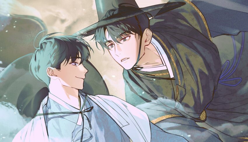 2boys, alternate_costume, black_eyes, black_hair, clothing_request, commentary_request, gat_(hat), guding_nut