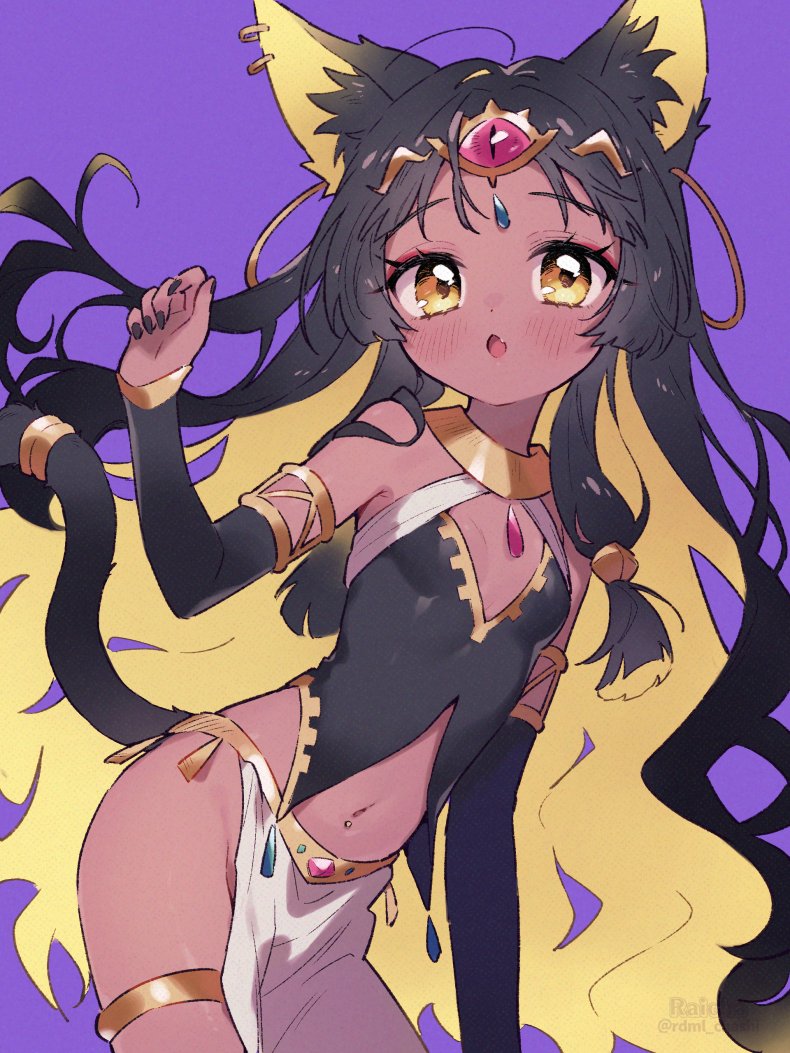 1girl, :o, ahoge, ancient_egyptian_clothes, animal_ears, arm_at_side, artist_name, black_hair