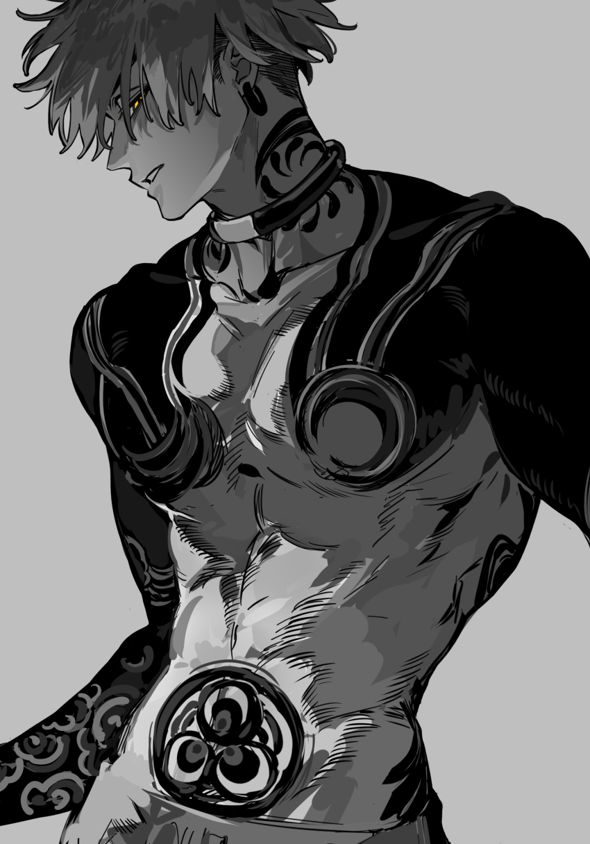 1boy, absurdres, arm_tattoo, choker, cowboy_shot, enjin_(gachiakuta), gachiakuta, greyscale