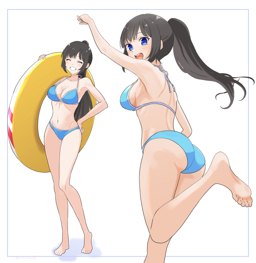 1girl, absurdres, aoi_ch., ass, bikini, black_hair, blue_bikini, blue_eyes
