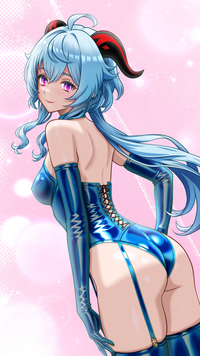 1girl, absurdres, ahoge, ass, backless_outfit, blue_hair, blue_leotard, bondage_outfit, elbow_gloves, ganyu_(genshin_impact), garter_straps, genshin_impact, gloves, hand_on_own_hip, highres, horns, kstrx-tca, latex, latex_gloves, latex_leotard, latex_thighhighs, leotard, long_hair, looking_at_viewer, purple_eyes, solo, thighhighs