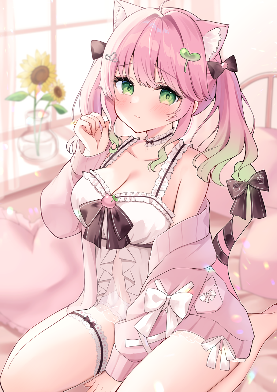 1girl, animal_ear_fluff, animal_ears, bare_shoulders, black_bow, black_ribbon, blush, bow