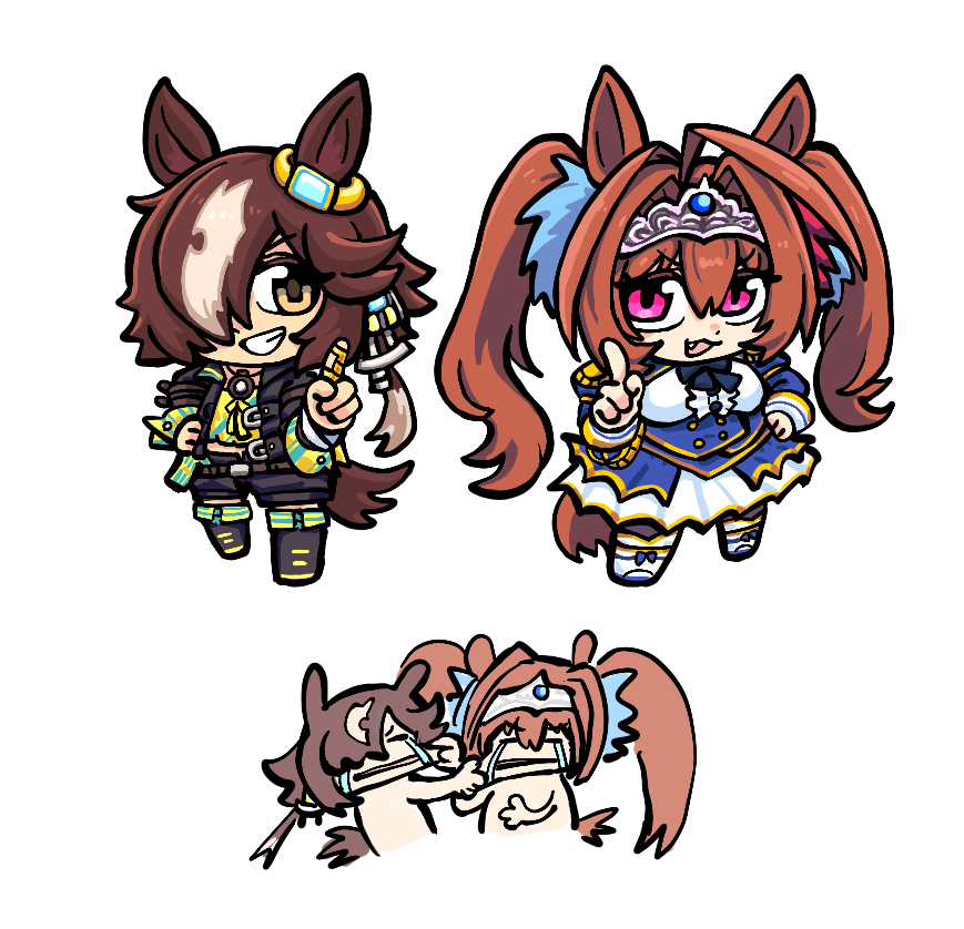 2girls, :3, ahoge, black_boots, black_jacket, black_shorts, blue_dress, boots