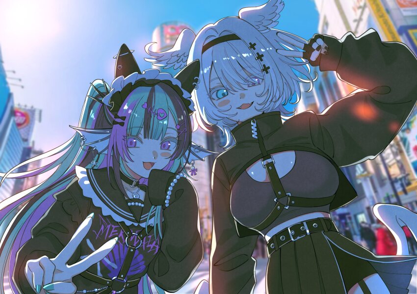 2girls, black_nails, blue_hair, curry_ytd, elira_pendora, fangs, finana_ryugu, fingerless_gloves