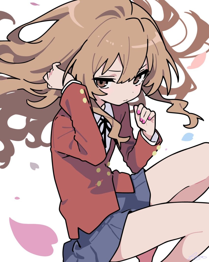 1girl, aisaka_taiga, ameniwa, black_ribbon, blazer, blue_skirt, brown_eyes, brown_hair, closed_mouth, collared_shirt, commentary, dot_nose, english_commentary, falling_petals, feet_out_of_frame, fingernails, floating_hair, hair_between_eyes, highres, jacket, long_hair, long_sleeves, looking_at_viewer, nail_polish, neck_ribbon, oohashi_high_school_uniform, petals, pink_nails, pleated_skirt, red_jacket, ribbon, school_uniform, shirt, simple_background, skirt, solo, toradora!, white_background, white_shirt