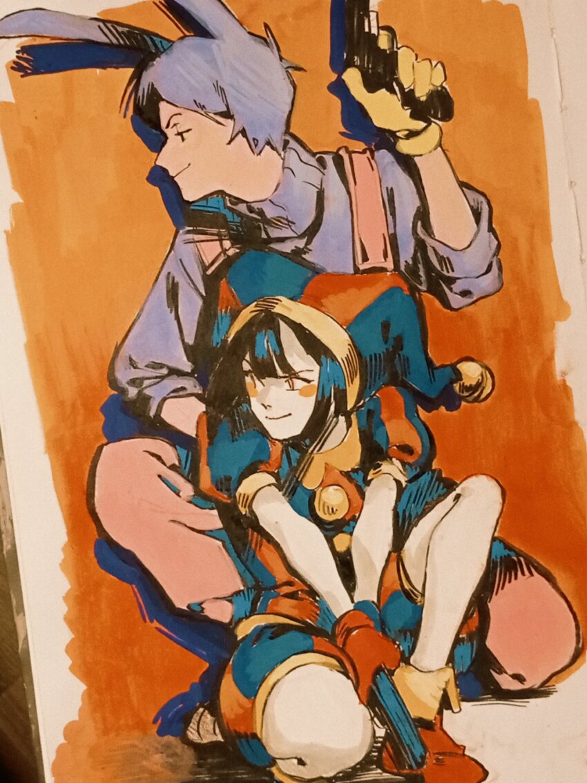 1boy, 1girl, animal_ears, asymmetrical_gloves, baggy_pants, bell, black_hair, blue_bodysuit, blue_gloves, blue_hat, blush_stickers, bodysuit, boots, border, buttons, closed_mouth, full_body, gloves, gun, half-closed_eyes, hand_up, handgun, hat, highres, holding, holding_gun, holding_weapon, humanization, iria_arts, jax_(the_amazing_digital_circus), jester_cap, long_sleeves, looking_to_the_side, mismatched_gloves, multicolored_bodysuit, multicolored_hat, orange_background, pants, pink_pants, pomni_(the_amazing_digital_circus), puffy_long_sleeves, puffy_short_sleeves, puffy_sleeves, purple_eyes, purple_hair, purple_shirt, rabbit_boy, rabbit_ears, red_bodysuit, red_boots, red_gloves, red_hat, shadow, shirt, short_hair, short_sleeves, simple_background, sitting, smile, striped_hat, the_amazing_digital_circus, turtleneck, turtleneck_shirt, v-shaped_eyebrows, vertical-striped_bodysuit, weapon, white_border, yellow_eyes, yellow_gloves