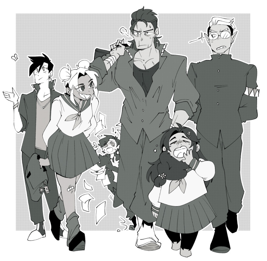 1girl, 1other, 4boys, beard, blush, double_bun, drawfee, drawtectives, dwarf, eugene_finch, facial_hair, grendan_highforge, gyorik_rogdul, hair_bun, highres, karina_farek, monster_boy, multiple_boys, muscular, muscular_male, orc, rose_(drawtectives), scar, undercut, villainius, william_anneus