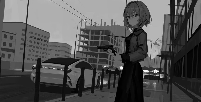 1girl, absurdres, building, car, city, closed_mouth, day, dress, dutch_angle, expressionless, feet_out_of_frame, from_side, greyscale, gun, handgun, highres, holding, holding_gun, holding_weapon, ikonu_(lavender_quartz), jacket, lavender_quartz, lavender_quartz:_kyoukai_hyoudou, long_sleeves, looking_at_viewer, looking_to_the_side, makarov_pm, monochrome, motor_vehicle, open_clothes, open_jacket, orval, outdoors, power_lines, reloading, road, scaffolding, short_hair, solo, standing, street, urban, weapon