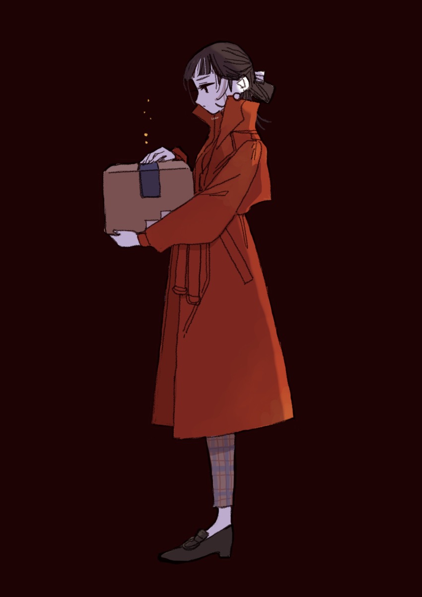 1girl, absurdres, black_shoes, bow, box, brown_hair, brown_pants, cardboard_box