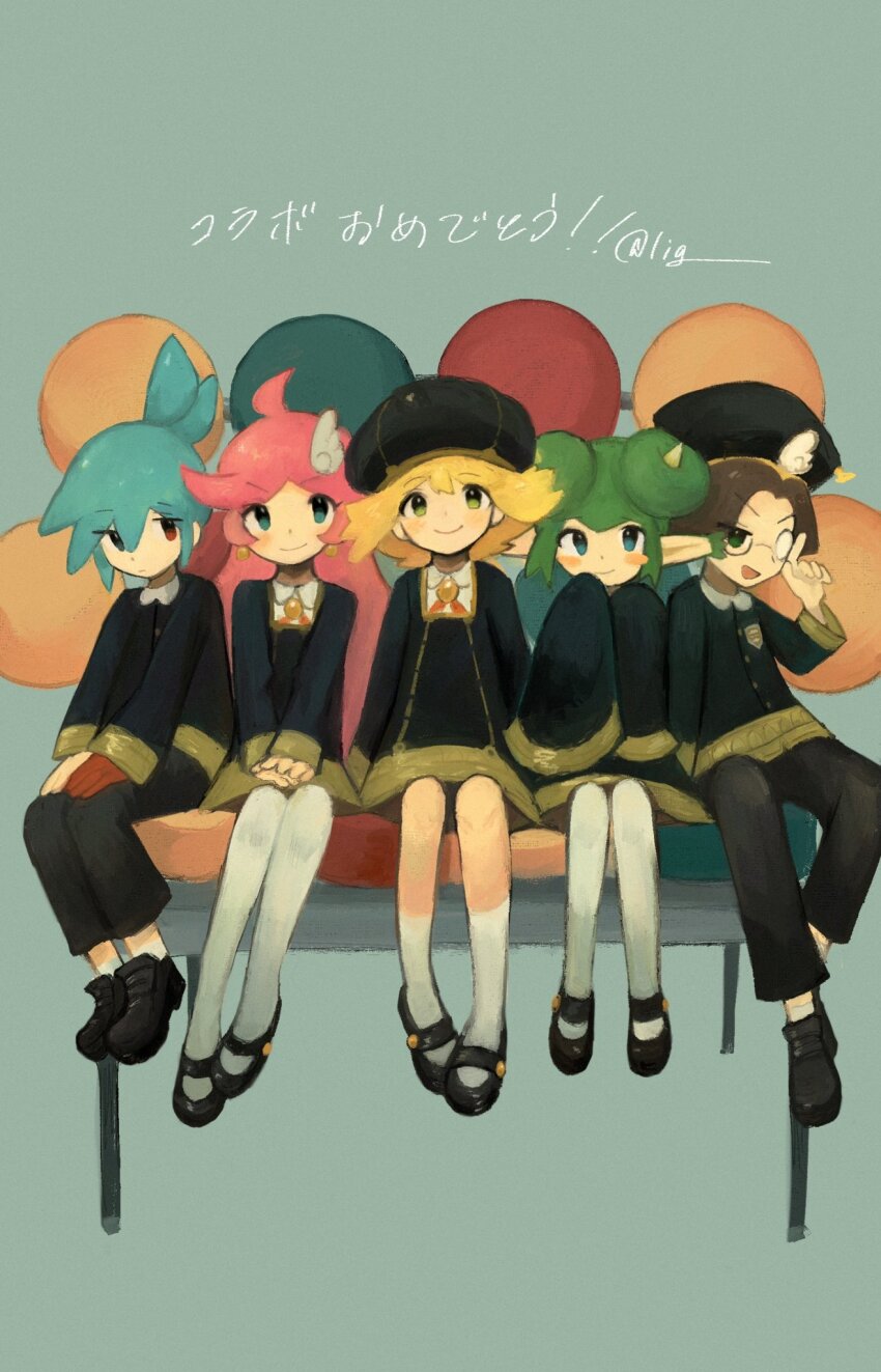2boys, 3girls, amitie_(puyopuyo), aqua_background, artist_name, black_dress, black_hat, black_jacket, black_pants, black_shoes, blonde_hair, blue_eyes, blue_hair, blush, brown_hair, closed_mouth, collared_shirt, commentary_request, couch, donut_hair_bun, double_bun, dress, earrings, eden_academy_school_uniform, glasses, gloves, green_eyes, green_hair, hair_bun, hair_ornament, hands_on_lap, hat, heterochromia, highres, horns, jacket, jewelry, klug_(puyopuyo), lidelle_(puyopuyo), lig00, loafers, long_hair, looking_at_viewer, mary_janes, medium_hair, multiple_boys, multiple_girls, official_alternate_costume, pants, pink_hair, pointy_ears, puyopuyo, puyopuyo_quest, raffina_(puyopuyo), red_eyes, red_gloves, school_uniform, shirt, shoes, short_hair, sig_(puyopuyo), single_glove, sitting, sleeves_past_fingers, sleeves_past_wrists, smile, socks, spy_x_family, thighhighs, twitter_username, v_arms, white_shirt, white_socks, white_thighhighs, wing_hair_ornament