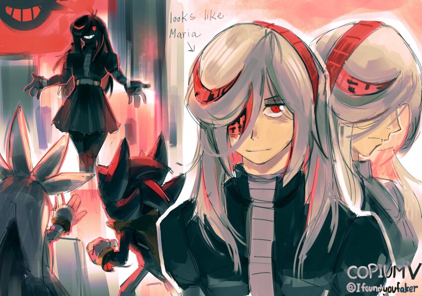 1girl, 2boys, absurdres, aged_up, alternate_costume, alternate_universe, copium_v, evil_grin