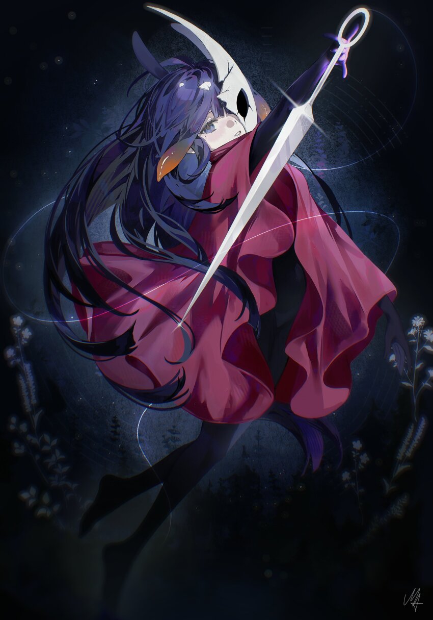 1girl, absurdres, ani_019, black_bodystocking, broken_mask, cloak, commentary, cosplay