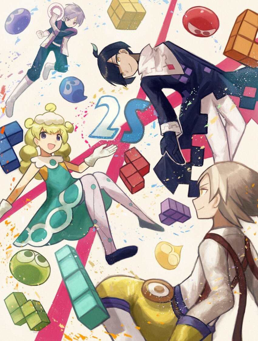 1girl, 3boys, ^_^, ahoge, black_coat, black_gloves, black_hair, black_pants, black_shirt, blonde_hair, blue_eyes, blue_shoes, boots, brown_hair, chakram, closed_eyes, closed_mouth, coat, commentary, dress, ex_(puyopuyo), gloves, green_dress, green_eyes, grey_hair, highres, holding, lig00, looking_at_viewer, marle_(puyopuyo), medium_hair, multiple_boys, open_clothes, open_mouth, open_vest, pants, pantyhose, purple_eyes, puyo_(puyopuyo), puyopuyo, puyopuyo_tetris_2, red_eyes, shirt, shoes, short_hair, shorts, sleeve_cuffs, sleeveless, sleeveless_dress, smile, squares_(puyopuyo), suspenders, tee_(puyopuyo), tetris, tetromino, vest, weapon, white_boots, white_gloves, white_pants, white_pantyhose, white_shirt, white_vest, yellow_eyes, yellow_shorts