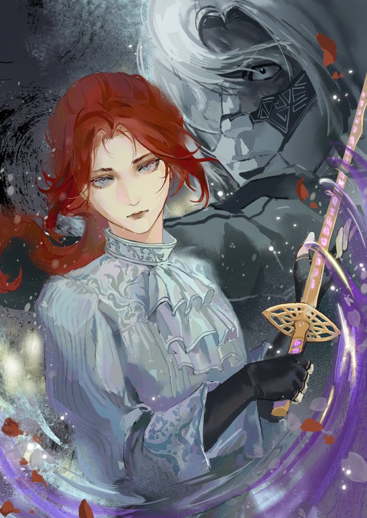 2girls, alicia_(clair_obscur:_expedition_33), ascot, black_gloves, blue_eyes, clair_obscur:_expedition_33, colored_skin, dual_persona, fingerless_gloves, gloves, grey_skin, holding, holding_sword, holding_weapon, laozjiujiaolaoz, long_hair, looking_at_viewer, maelle_(clair_obscur:_expedition_33), multiple_girls, parted_bangs, ponytail, red_hair, shirt, sword, upper_body, weapon, white_ascot, white_hair, white_shirt