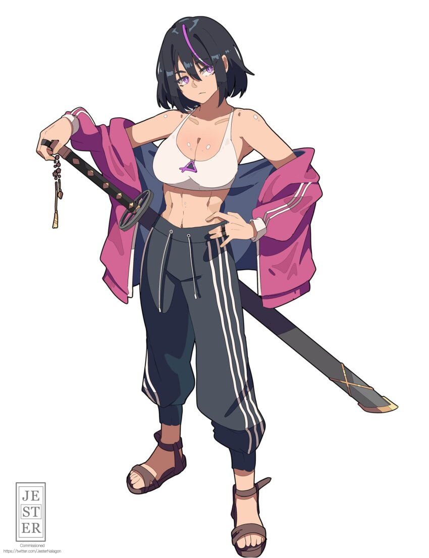 1girl, artist_logo, bare_shoulders, black_hair, black_pants, breasts, cleavage, commentary, commission, english_commentary, full_body, hair_between_eyes, hand_on_hilt, hand_on_own_hip, head_tilt, highres, jacket, jacket_partially_removed, jesternalagon, large_breasts, logo, long_sleeves, looking_to_the_side, midriff, multicolored_hair, open_clothes, open_jacket, original, pants, purple_eyes, purple_jacket, purple_streaks, quartz_(powercrasher2), sandals, scabbard, sheath, sheathed, short_hair, solo, sports_bra, standing, stomach, streaked_hair, striped_clothes, striped_pants, sword, toes, track_pants, triangle_ornament, vertical-striped_clothes, vertical-striped_pants, weapon, white_sports_bra