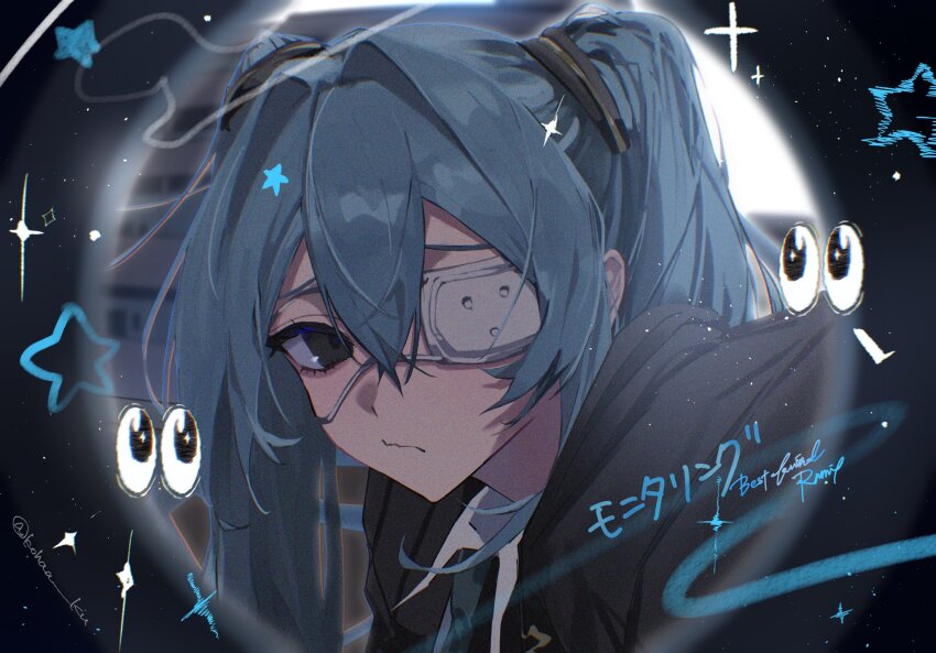 1girl, artist_name, black_eyes, black_jacket, black_necktie, blue_hair, blurry, blurry_background