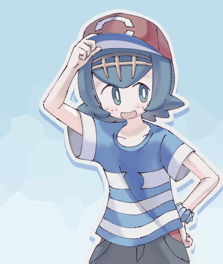 1girl, adjusting_clothes, adjusting_headwear, alolana0825, ash_ketchum, ash_ketchum_(cosplay), baseball_cap, blue_eyes, blue_hair, blue_shirt, bracelet, bright_pupils, commentary, cosplay, drop_shadow, freckles, hairband, hand_on_own_hip, hat, jewelry, lana_(pokemon), nintendo, no_sclera, open_mouth, outline, pokemon, pokemon_(anime), pokemon_the_series:_sun_&amp;_moon, red_hat, shirt, short_hair, short_sleeves, smile, solo, striped_clothes, striped_shirt, t-shirt, white_outline, white_pupils, yellow_hairband