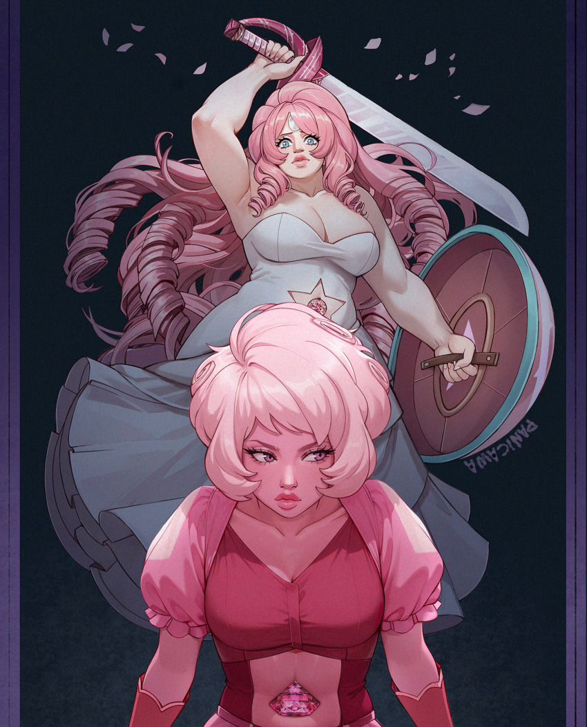 2girls, adelheid_(moschiola), arm_up, artist_name, bare_shoulders, black_background, blue_eyes, breasts