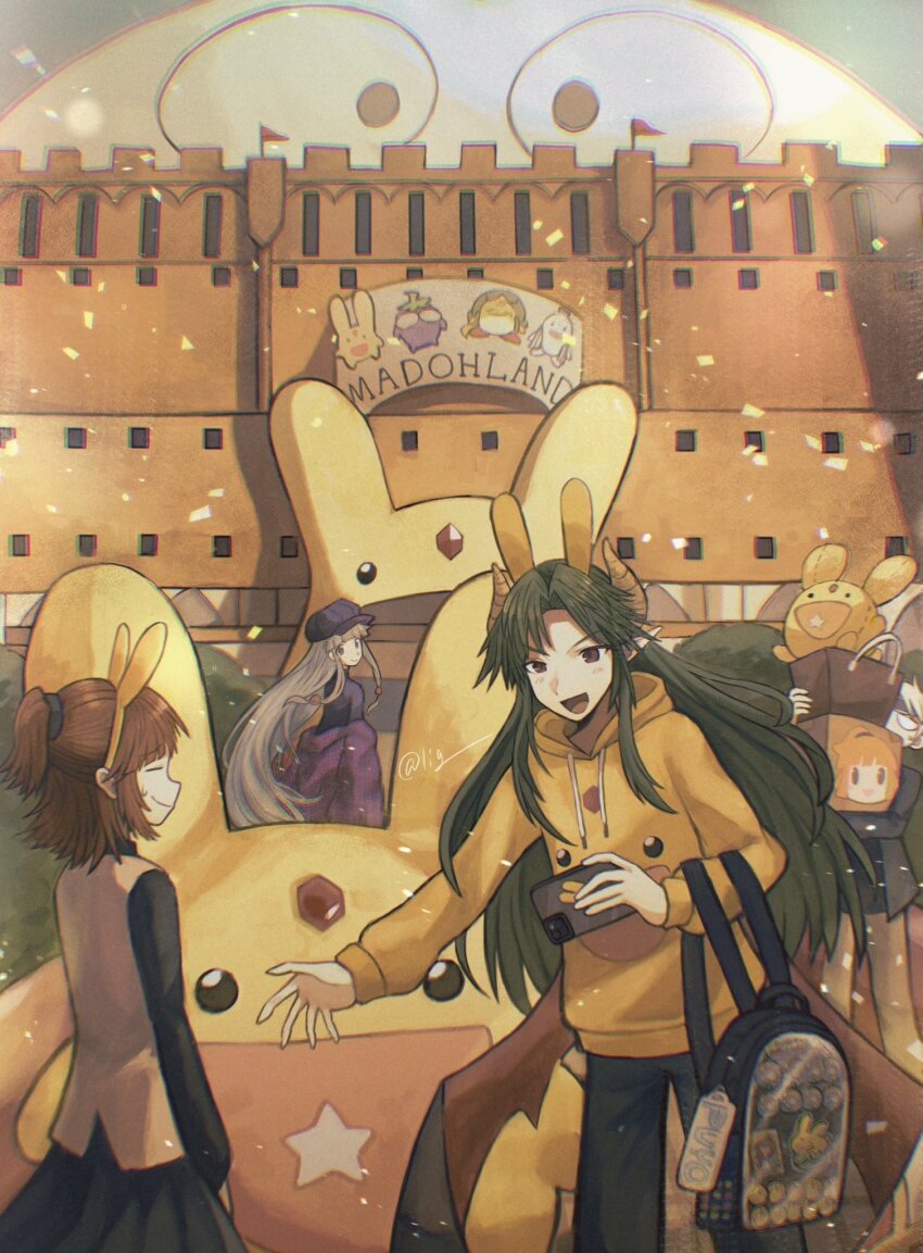 2boys, 2girls, :d, alternate_costume, animal_ears, artist_name, bag, black_jacket