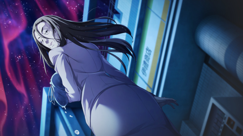 1girl, ass, aurora, dutch_angle, from_behind, from_below, fukuda_tomonori, game_cg, hair_down, highres, jacket, long_hair, long_sleeves, looking_back, night, non-web_source, official_art, old, old_woman, pink_jacket, pink_skirt, robotics;notes, robotics;notes_dash, science_adventure, skirt, sky, solo, star_(sky), starry_sky, usui_kaoruko, wrinkled_skin