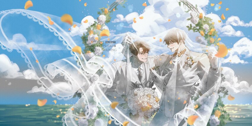2boys, black_hair, bouquet, bow, bowtie, bridal_veil, cloud, cloudy_sky