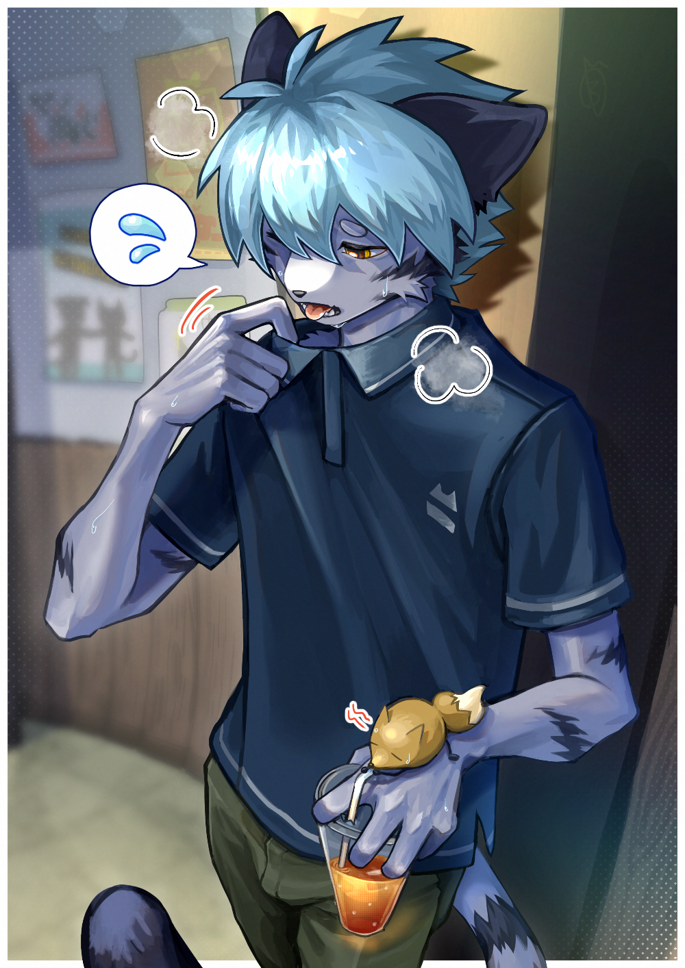 1boy, blue_hair, blue_shirt, body_fur, bowchanrou_(b0tar0), breath, collar_tug, commentary