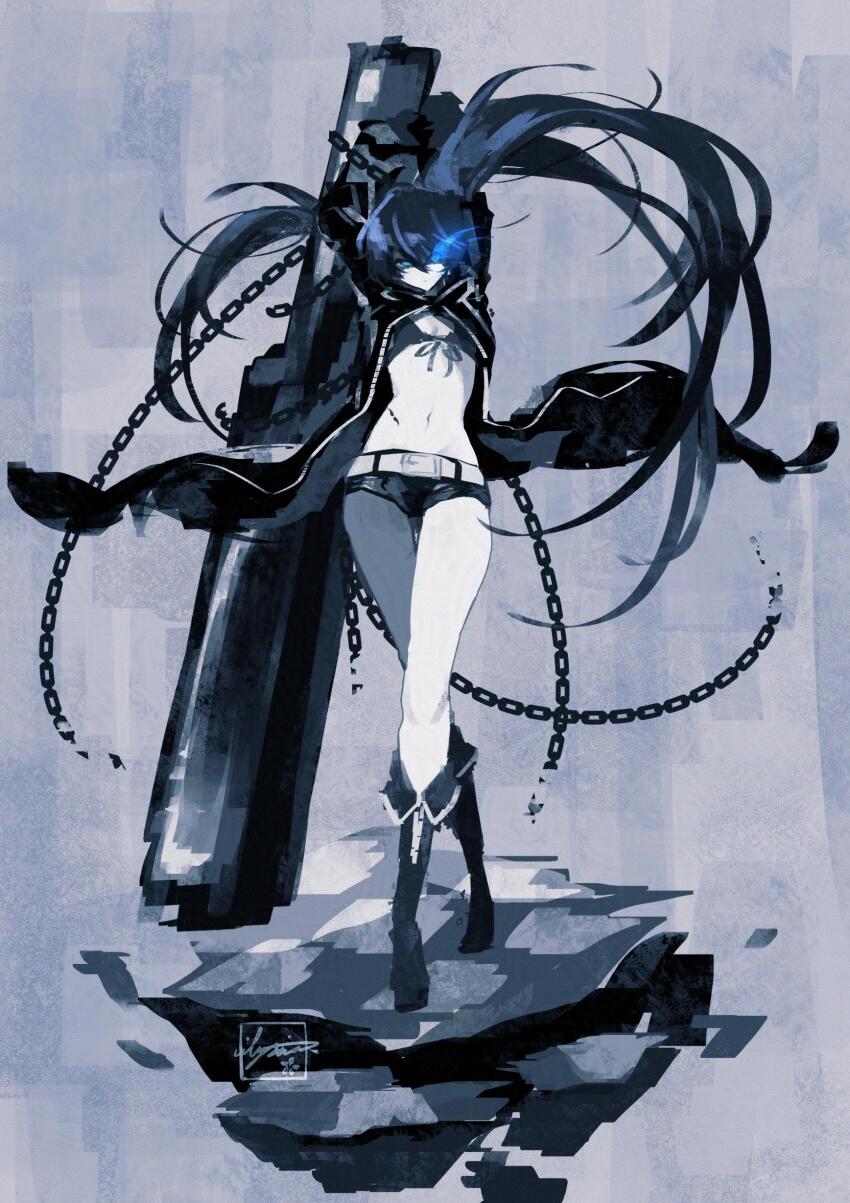 1girl, absurdres, belt, bikini, bikini_top_only, black_coat, black_hair, black_rock_shooter