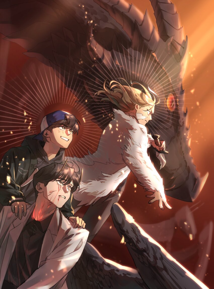 1girl, 2boys, animal, backwards_hat, black_hair, black_hoodie, black_shirt, black_wings