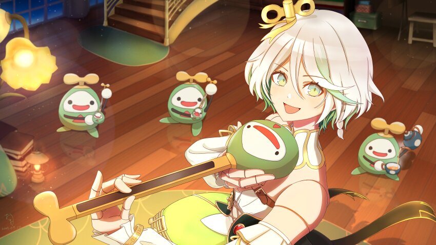 1girl, absurdres, beamed_eighth_notes, book, book_stack, braid, cecilia_immergreen, cecilia_immergreen_(1st_costume), chest_belt, classic_lolita, colored_inner_hair, corset, dated, detached_collar, detached_sleeves, doll, doll_joints, flat_chest, frilled_sleeves, frills, green_eyes, green_hair, green_skirt, hair_between_eyes, hair_ornament, highres, holding, holding_instrument, hololive, hololive_english, indoors, instrument, joints, key_hair_ornament, lamp, lantern, light_blush, light_particles, lolita_fashion, long_sleeves, looking_at_viewer, madoka_odamaki2, multicolored_hair, musical_note, open_mouth, otamatone, otomo_(cecilia_immergreen), pouring, reflective_floor, romper, rug, short_hair, side_braid, signature, single_braid, skirt, sleeves_past_wrists, smile, strapless_romper, streaked_hair, tea, teapot, two-tone_hair, virtual_youtuber, white_hair, winding_key, wooden_floor