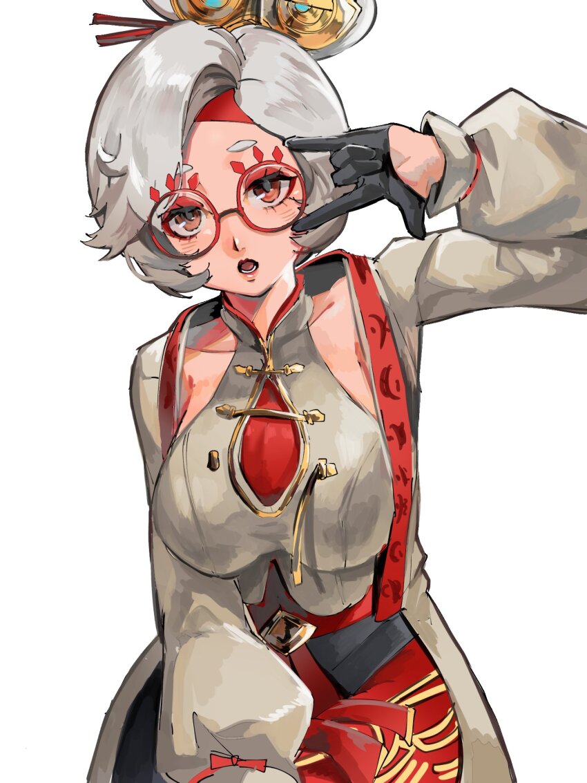 1girl, 4me3ba_niku, black_gloves, blush, breasts, eyeshadow, glasses, gloves