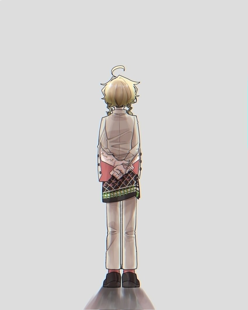 1boy, ahoge, arabic_text, arms_behind_back, blonde_hair, collared_shirt, facing_away, from_behind