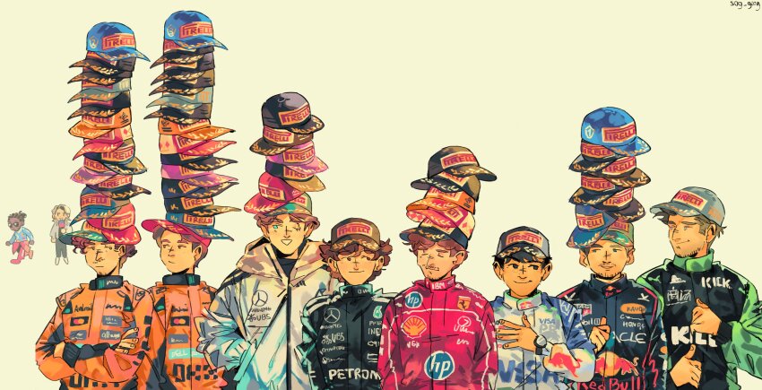6+boys, absurdres, andrea_kimi_antonelli, baseball_cap, black_eyes, black_racing_suit, blue_eyes, blue_racing_suit