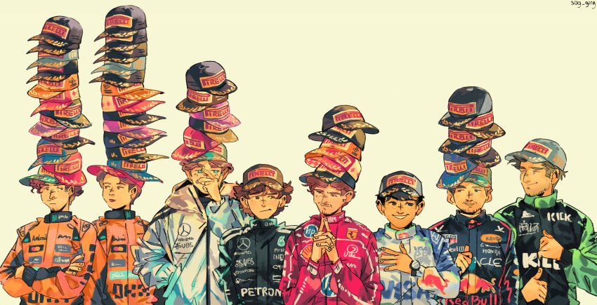 6+boys, absurdres, andrea_kimi_antonelli, baseball_cap, black_eyes, black_racing_suit, blue_eyes, blue_racing_suit