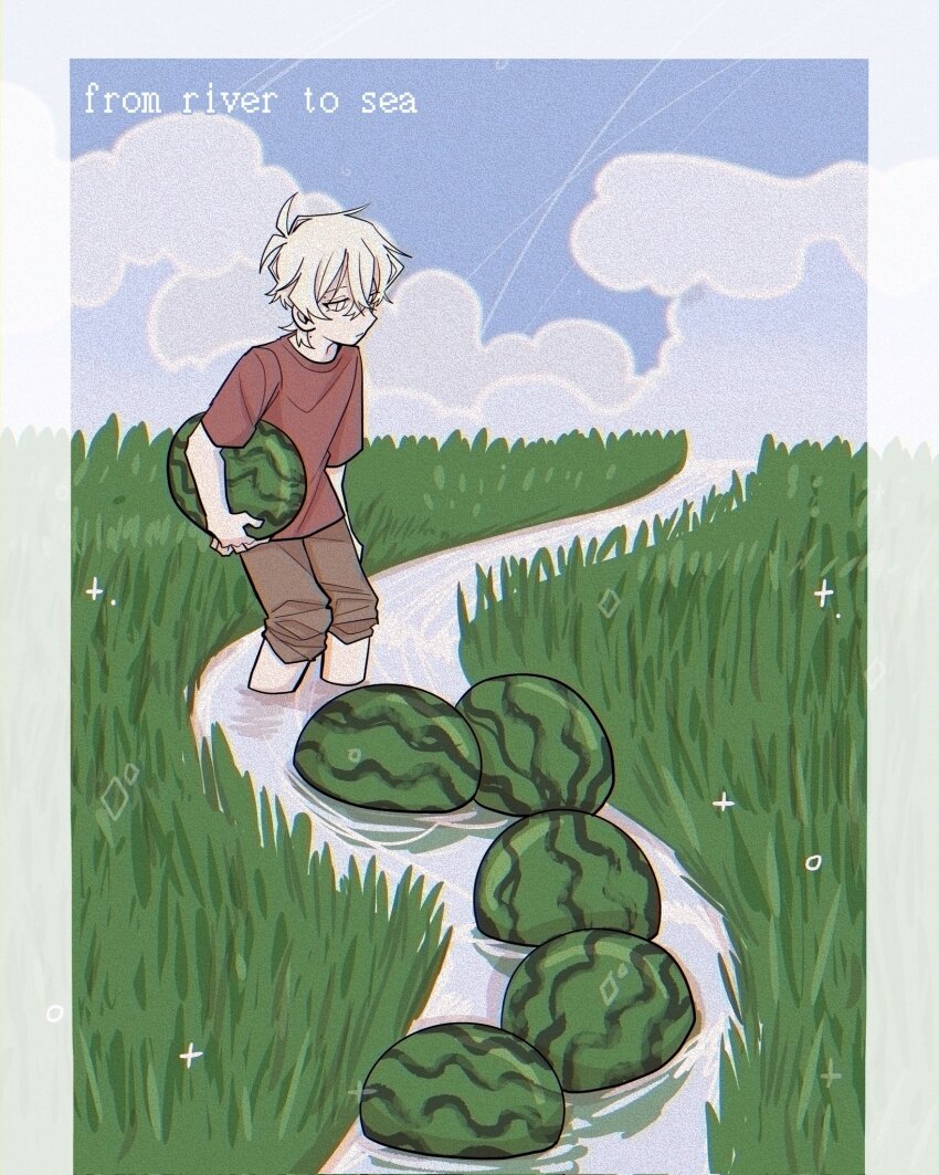 1boy, blonde_hair, blue_sky, closed_mouth, cloud, day, english_text, food, fruit, full_body, grass, hair_between_eyes, highres, holding, holding_food, holding_fruit, israel-hamas_war, jerung27, male_focus, original, outdoors, pants, red_shirt, river, shirt, short_hair, short_sleeves, shorts, sky, solo, standing, watermelon, white_hair
