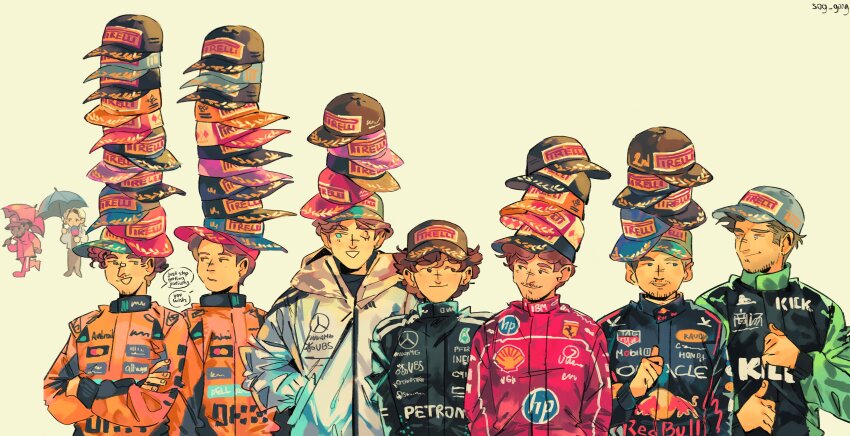 6+boys, absurdres, andrea_kimi_antonelli, baseball_cap, black_eyes, black_racing_suit, blue_eyes, blue_racing_suit