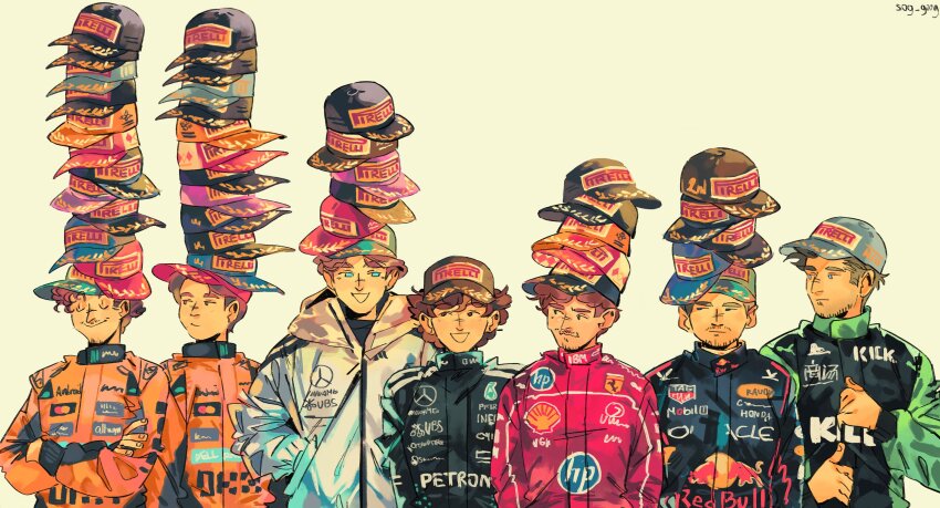 6+boys, absurdres, andrea_kimi_antonelli, baseball_cap, black_eyes, black_racing_suit, blue_eyes, blue_racing_suit