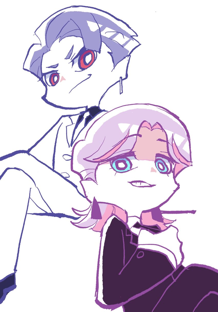 2boys, alternate_hairstyle, black_shirt, blue_eyes, brothers, crossed_legs, earrings, eyelashes