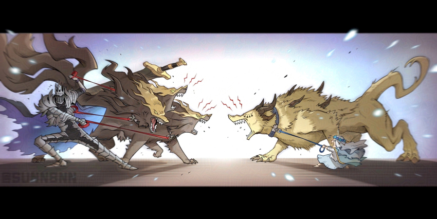 1boy, 1girl, alternate_form, anger_vein, armor, barefoot, barking, cape