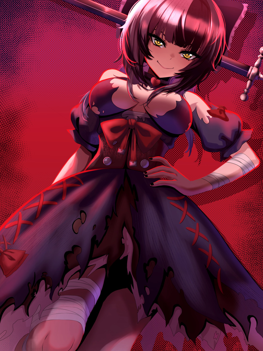 1girl, absurdres, amaterasu_(amaterasu1), bandaged_arm, bandaged_leg, bandages, black_dress, black_hair