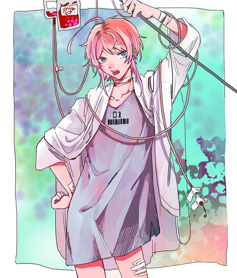 1boy, ahoge, amemura_ramuda, arm_up, artist_collaboration, bandaged_arm, bandaged_neck, bandages, barcode, blood, blood_bag, blood_drip, bloody_bandages, blue_background, blue_eyes, blush, border, collarbone, commentary_request, contrapposto, cowboy_shot, cowlick, entangled, gauze, gauze_on_leg, hagaitaine9, hand_on_own_hip, hatching_(texture), hospital_gown, hypnosis_mic, inset_border, intravenous_drip, iv_stand, jacket, light_blush, linear_hatching, male_focus, nose_blush, outside_border, parted_bangs, pink_hair, short_hair_with_long_locks, sidelocks, solo, standing, syake_uedaya, three-quarter_sleeves, tongue, tongue_out, white_border, white_jacket