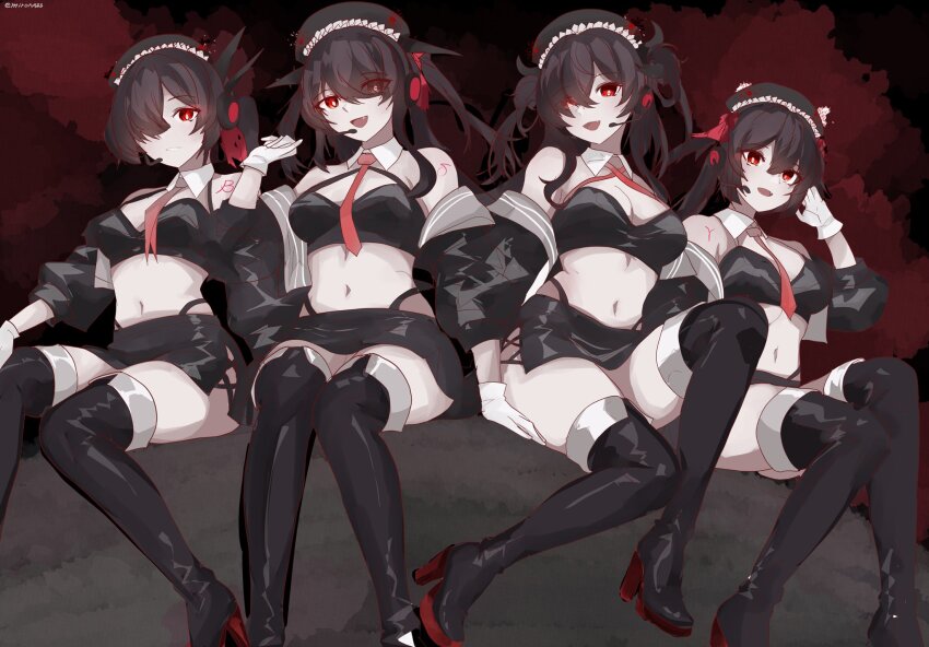 4girls, abyssal_ship, bare_shoulders, black_boots, black_hair, black_hat, boots, breasts, gloves, hat, headset, highres, jacket, kantai_collection, miron_(mirona33), multiple_girls, navel, open_mouth, pale_skin, ra-class_destroyer, ra-class_destroyer_alpha, ra-class_destroyer_beta, ra-class_destroyer_delta, ra-class_destroyer_gamma, red_eyes, sitting, skirt, thighs, white_gloves